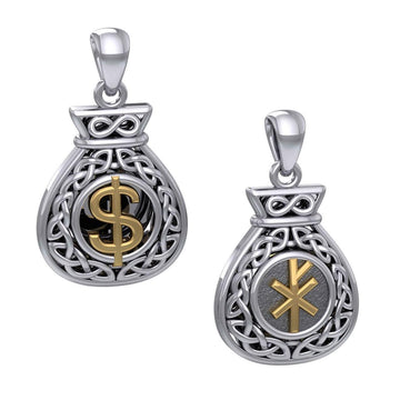 Celtic Infinity Money Bag with Wealth and Prosperity Bind Rune Silver and Gold Accents Pendant MPD5962 - Jewelry